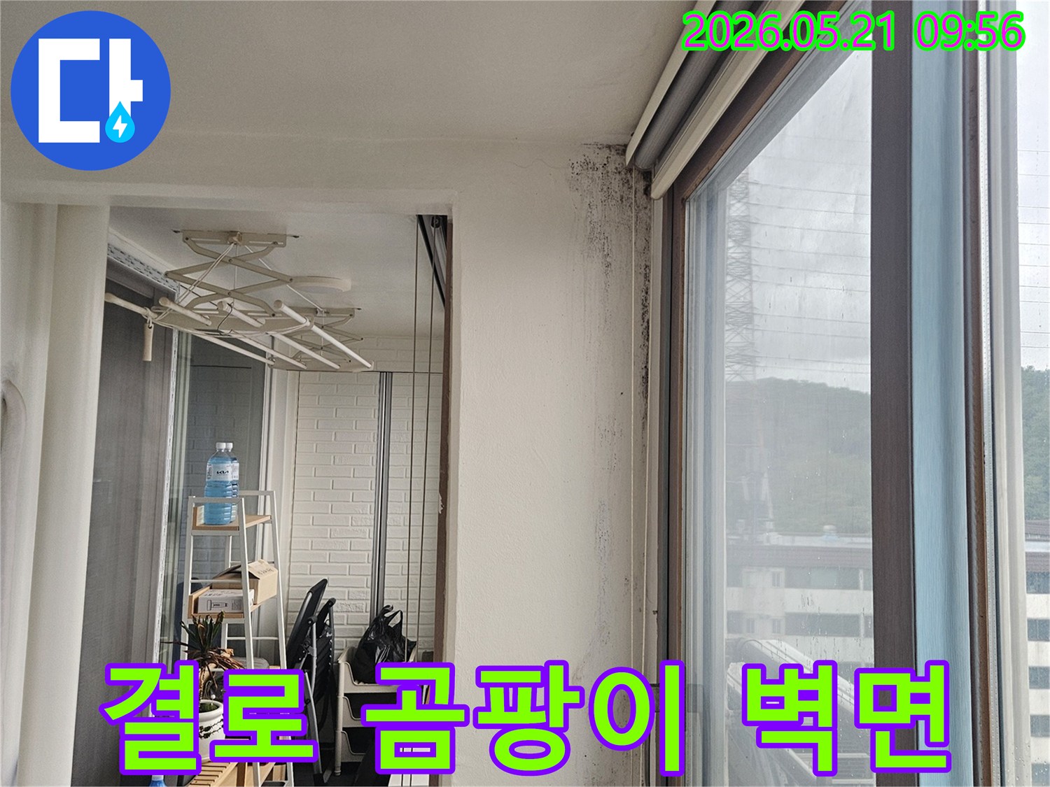 창문 주변 벽면에 심하게 번진 검은 곰팡이와 습기로 인한 얼룩이 보이는 사진으로-결로와 누수 가능성을 시사합니다.