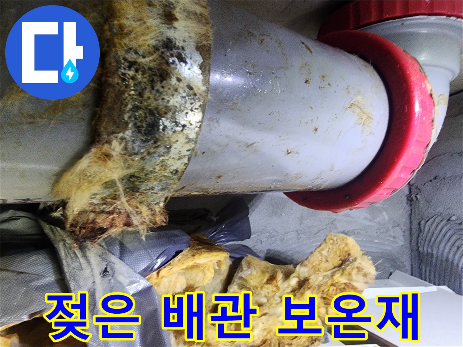 누수로 인해 오염된-배관 보온재 상태