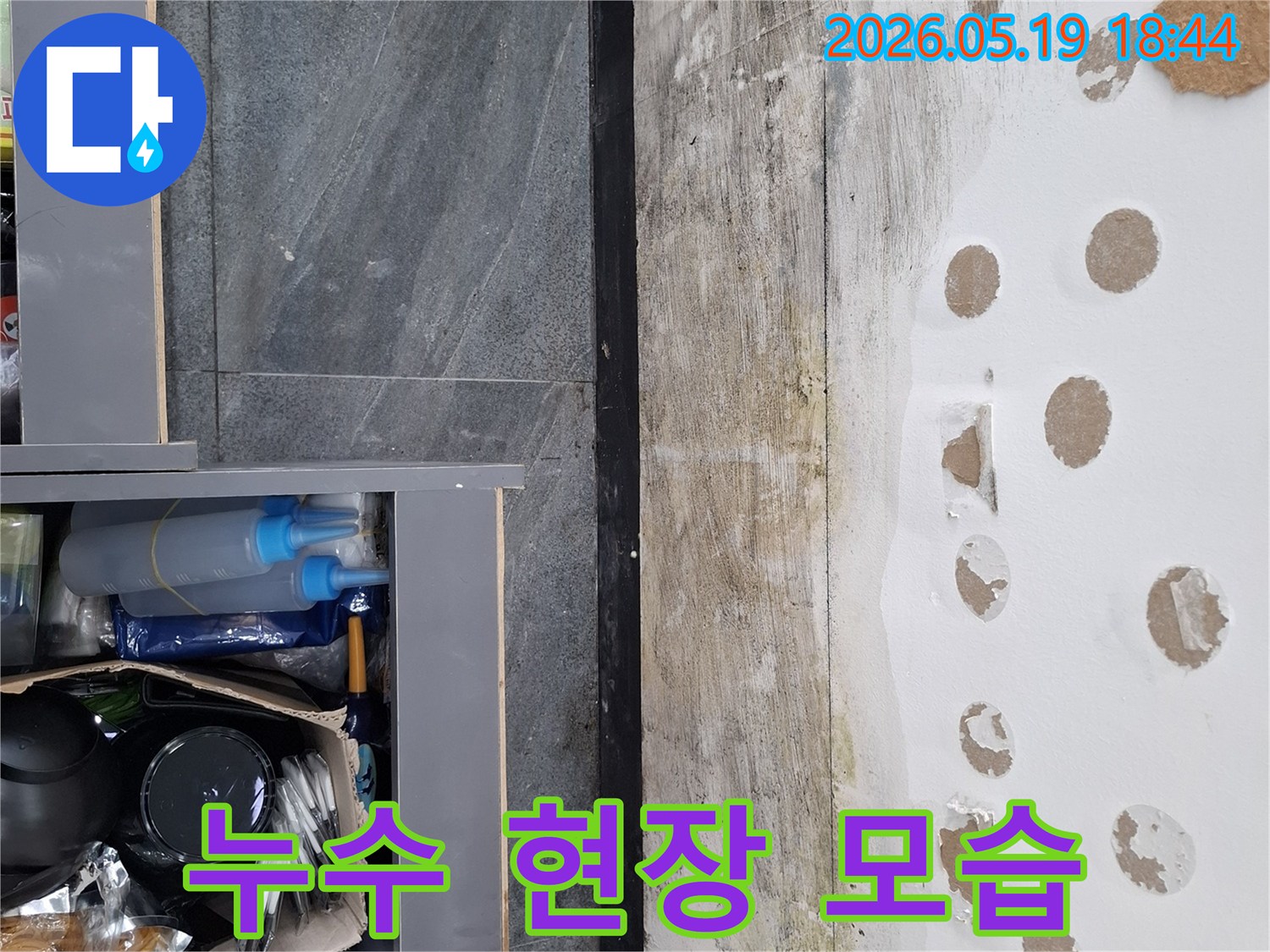 천장 누수로 인한 물자국과-곰팡이-그리고 마감재의 변형을 명확히 보여주는 증거 사진입니다.