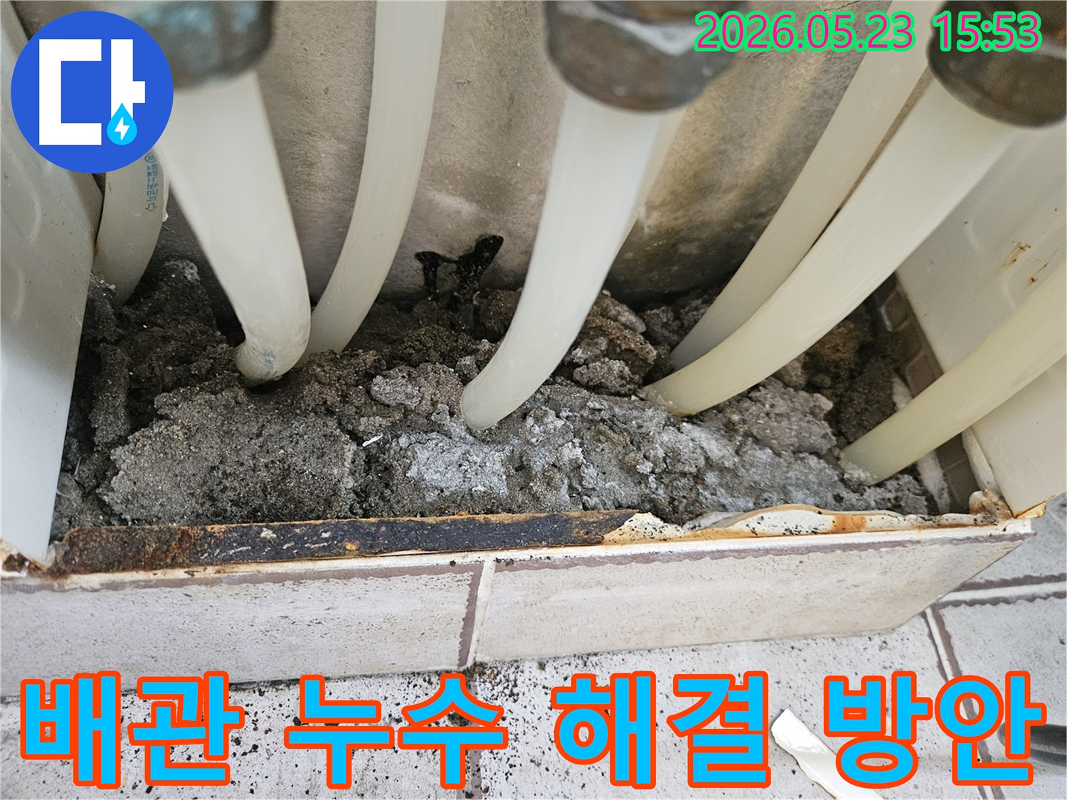 중랑구 아파트에서-배관 누수로 인해 발생한 젖은 흙과 침전물을-누수 엔지니어가 점검하는 모습