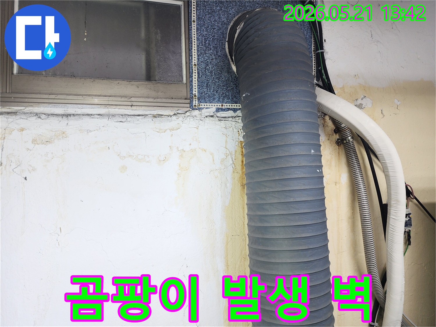 누수로-인해-벽면에-누런-물자국과-함께-곰팡이가-피어난-상태를-보여주며-배관도-일부-보이는-사진