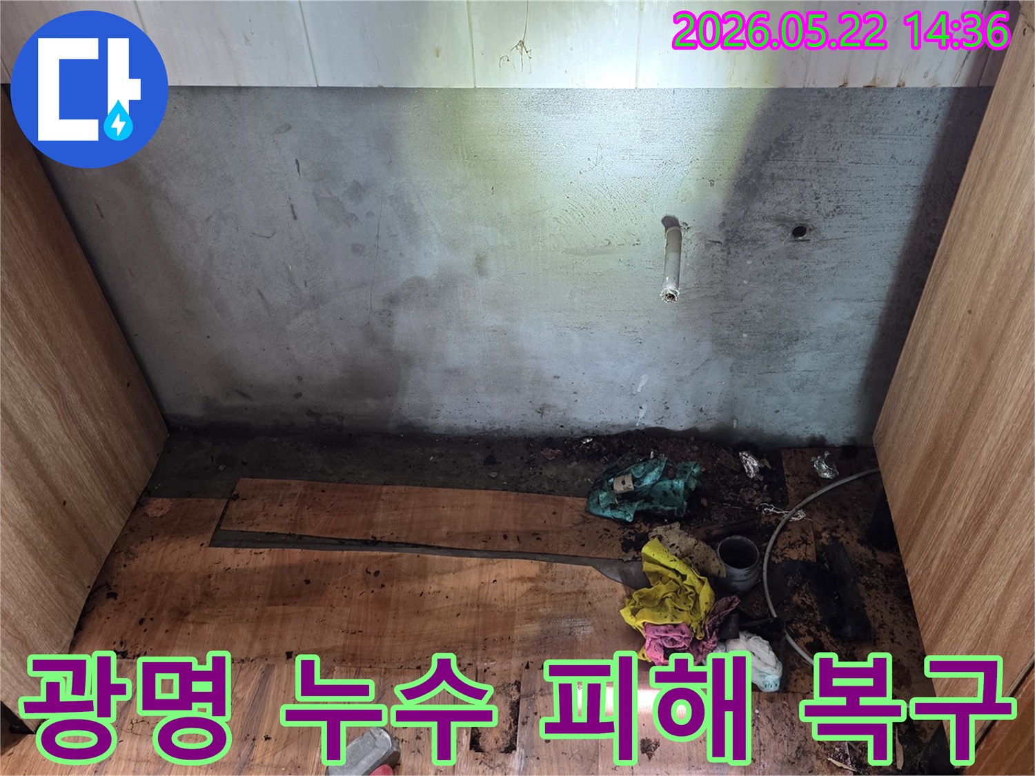 광명시 명지그린하우스텔에서 발생한-벽과 바닥의 심각한 누수 피해를-전문가가 복구하기 위해-현장을 점검하는 모습