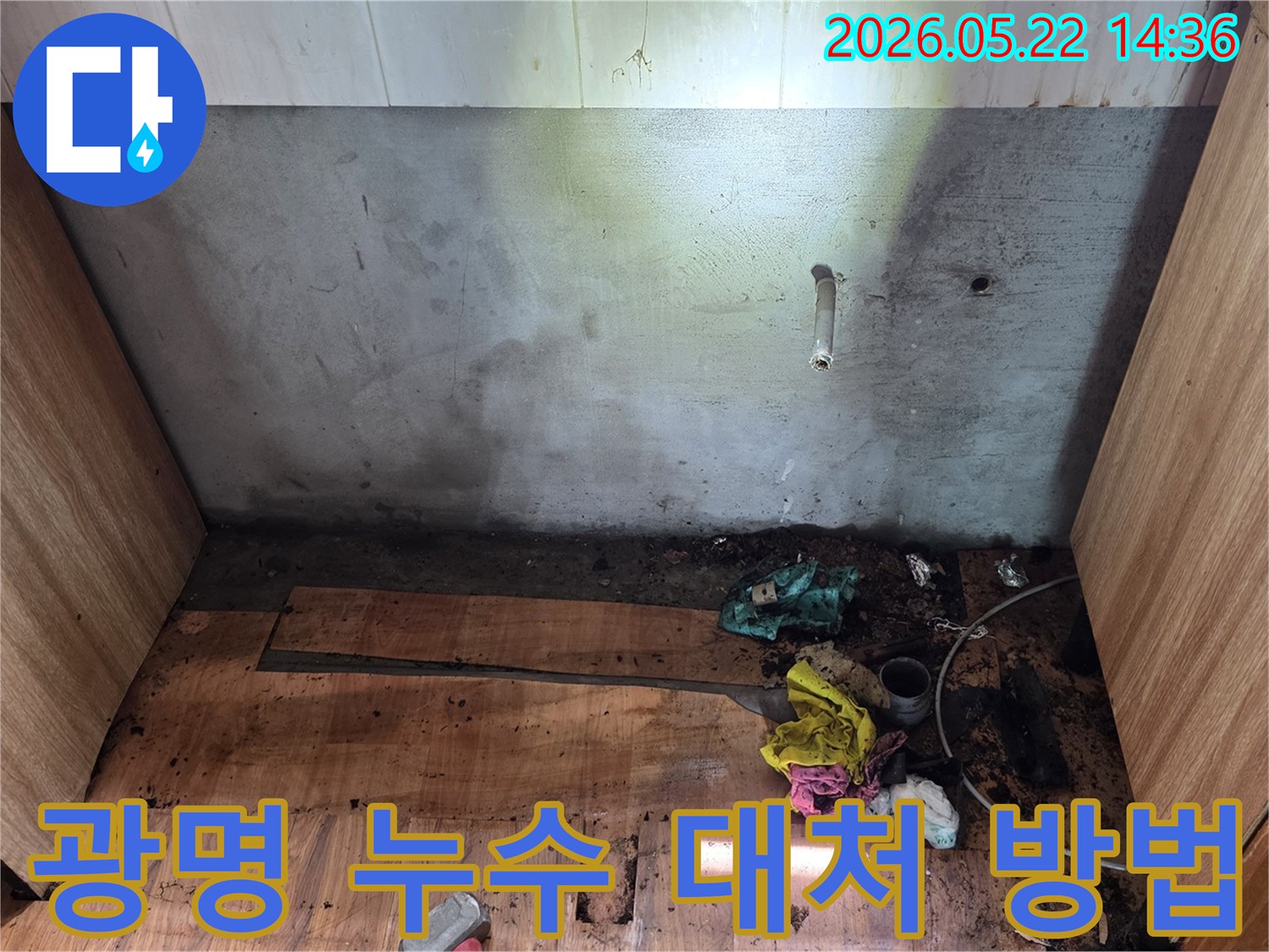 광명시 명지그린하우스텔에서-벽과 바닥에 발생한 누수 현장을-전문가가 대처 방법을 설명하기 위해-점검하는 모습
