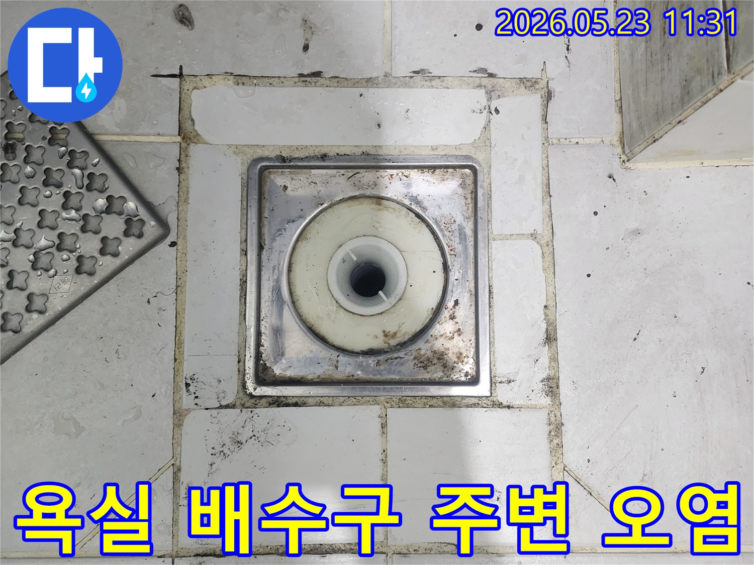 오래된 욕실 배수구 주변의 타일과-줄눈에-보이는-오염과-곰팡이-흔적입니다