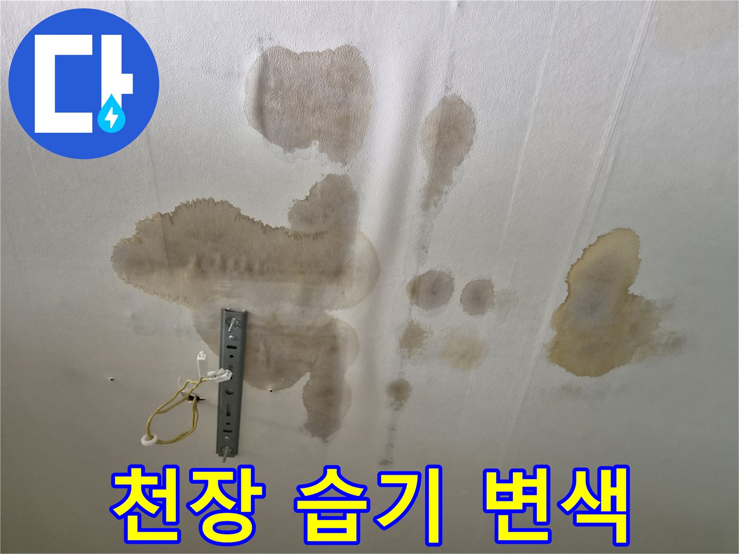 광범위하게 번진 천장 수분 얼룩과 노출된 전기 배선