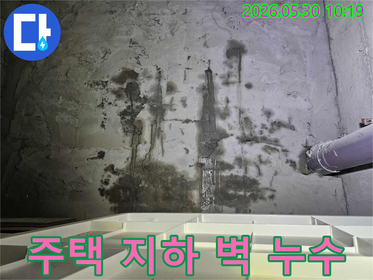 지하 주택 벽면에서-지속적인 물 유입으로-축축하게 젖고-변색된-누수 피해 상황