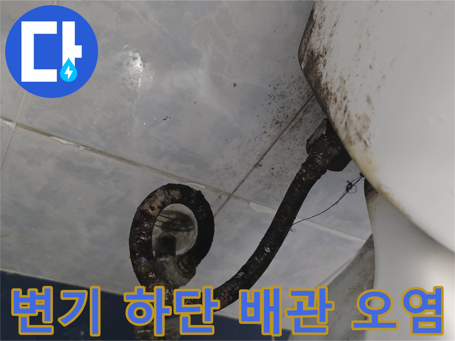 변기 뒤쪽 급수 호스와 타일 사이의 변색 부위