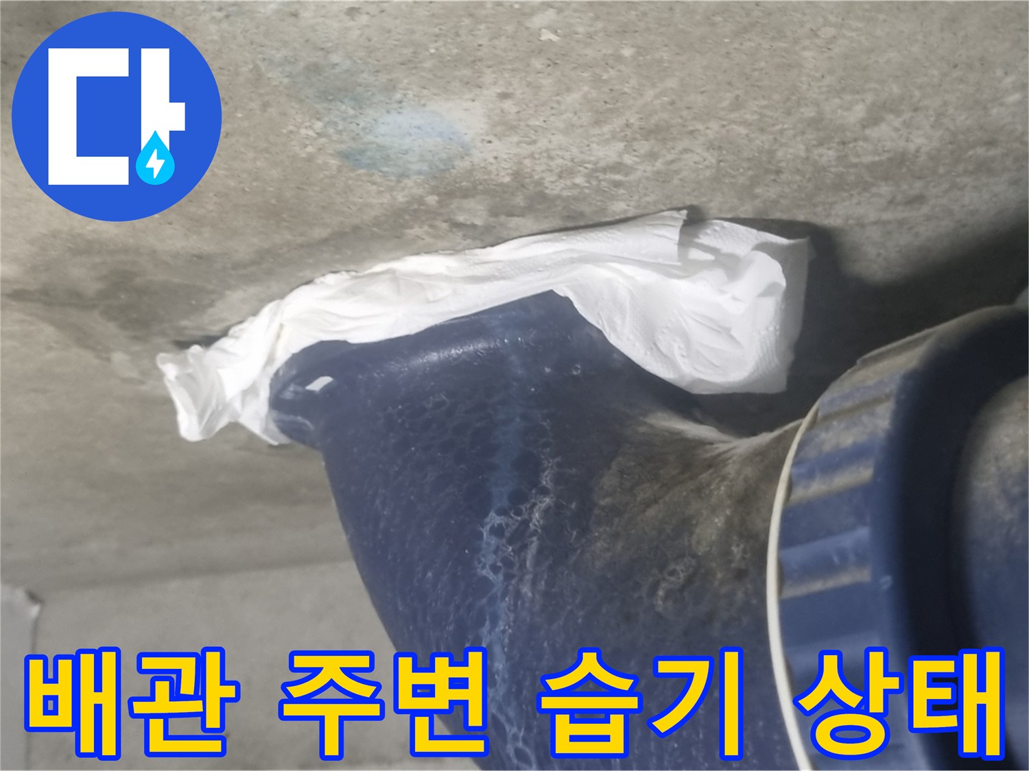 물기가 맺힌 파란색 오수 배관과 콘크리트