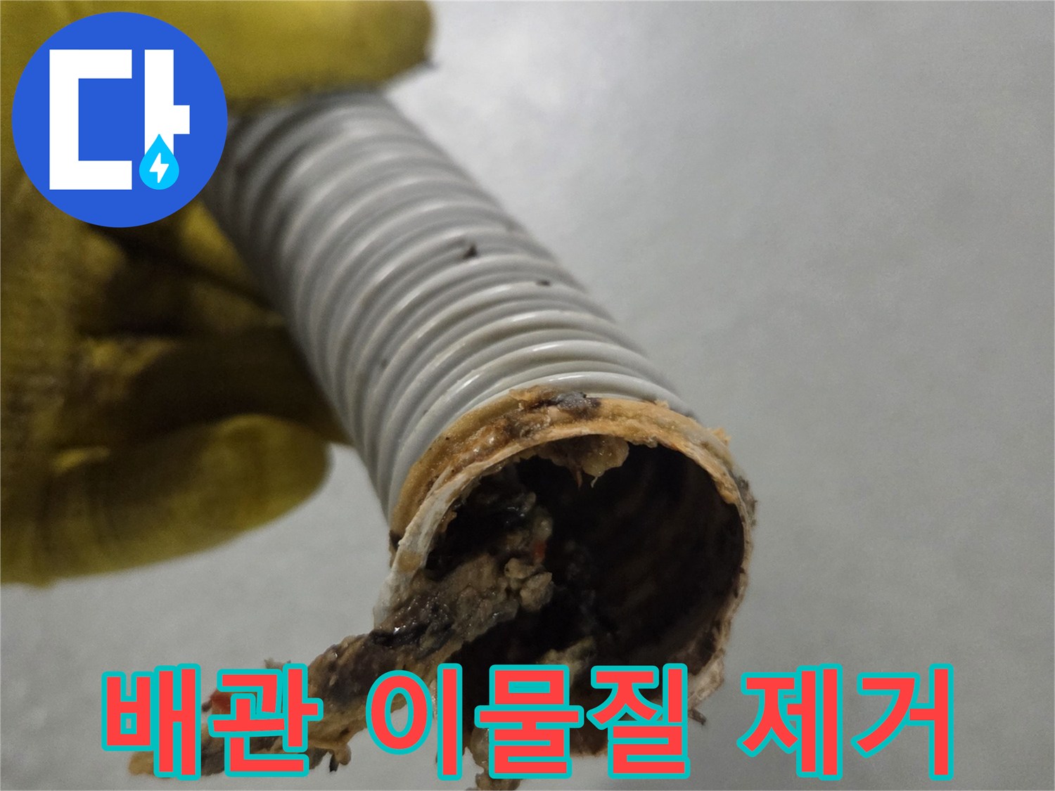 노란 장갑을 낀 손이-배관 내부에서 제거된-심각한 이물질을 보여주고 있습니다.
