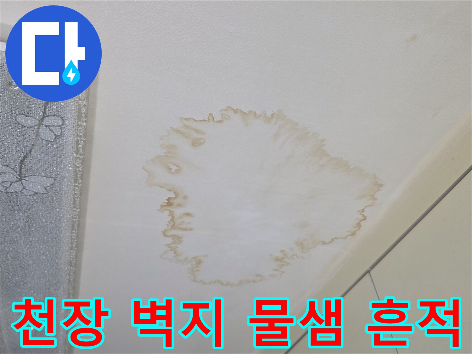 천장 벽지에 번진 갈색 물자국과 변색된 부위
