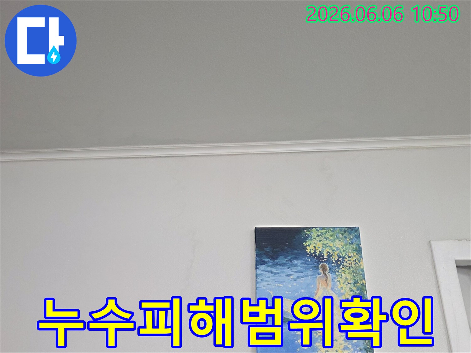 시간이 지나면서-벽에 스며든-누수의 흔적을-자세히 관찰하고 있습니다