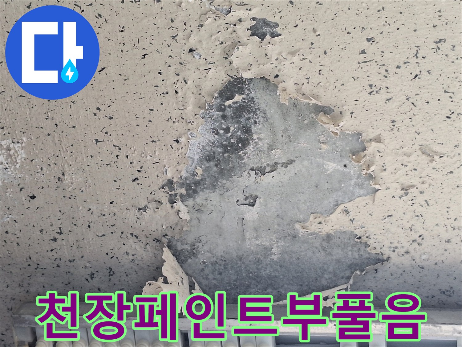 습기 침투로 인해 덩어리진 채 벗겨진 천장 페인트