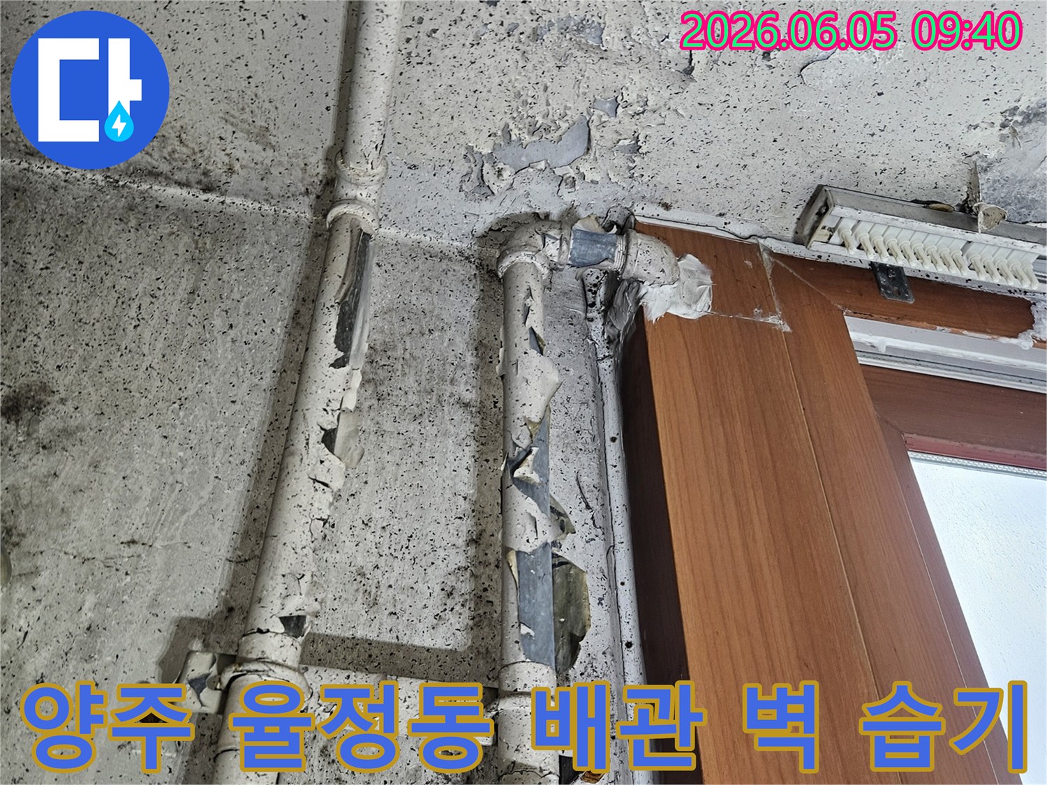 양주 율정동의 오래된 배관 주변 벽면에-습기와 곰팡이가 심하게 발생한-누수 현장 이미지입니다.