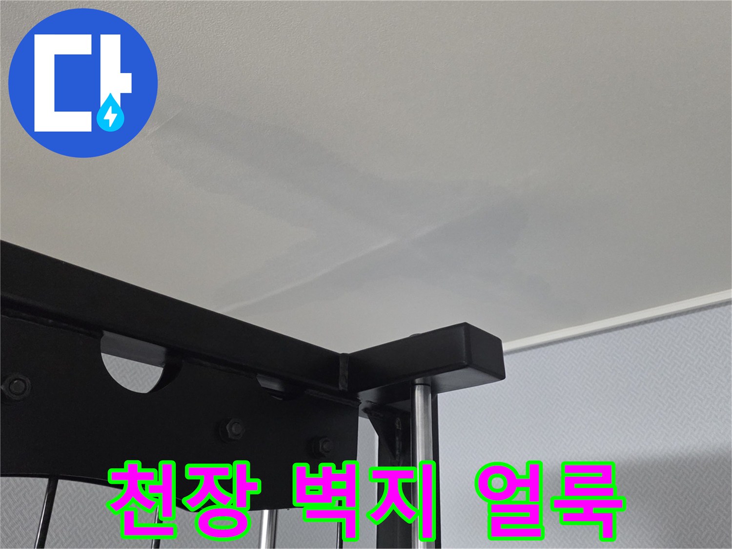 물이 스며들어 어둡게 변한 천장지의 모습