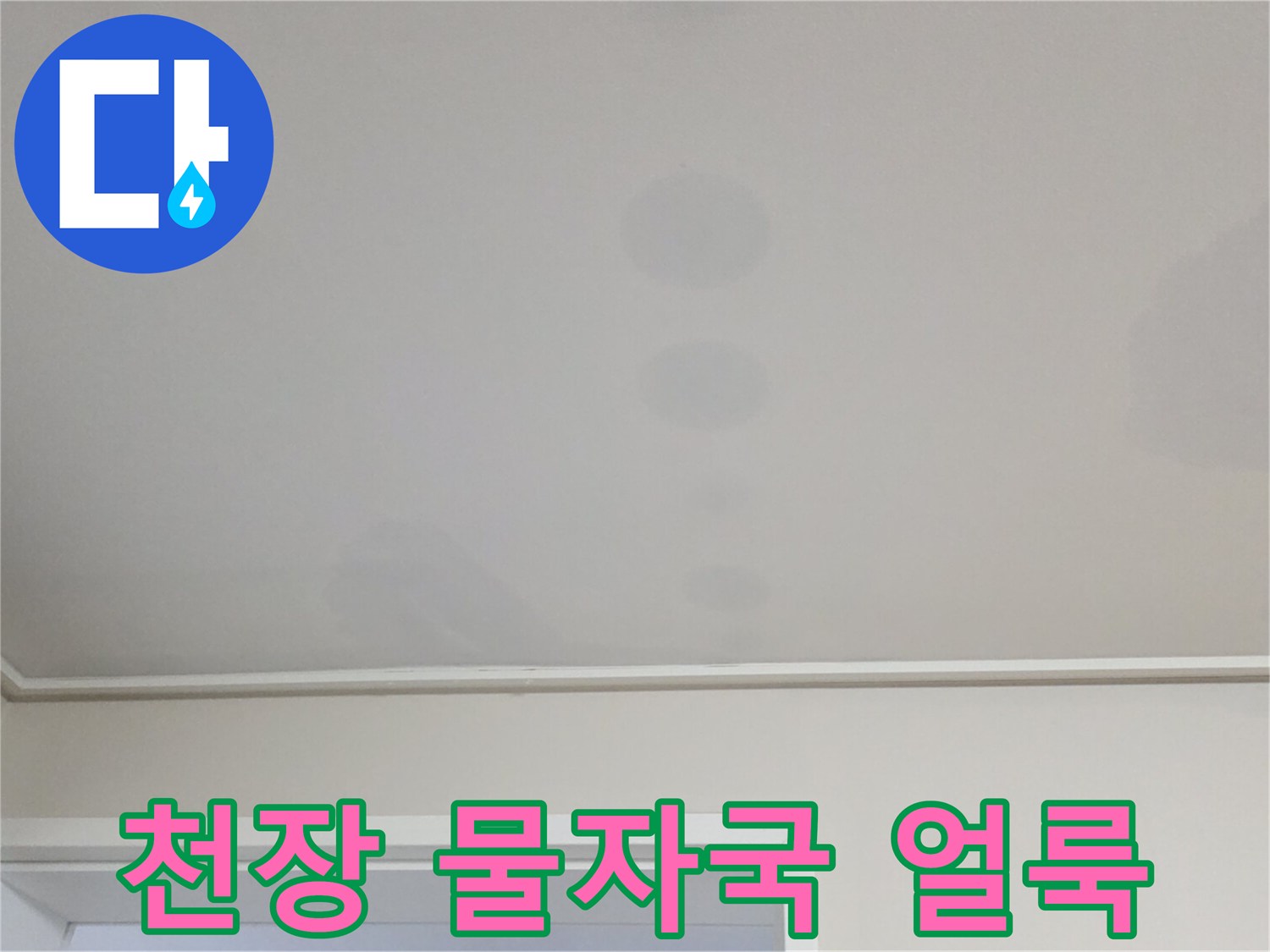 아파트 거실 천장에 나타난 젖은 물자국과 변색된 벽지 모습입니다.