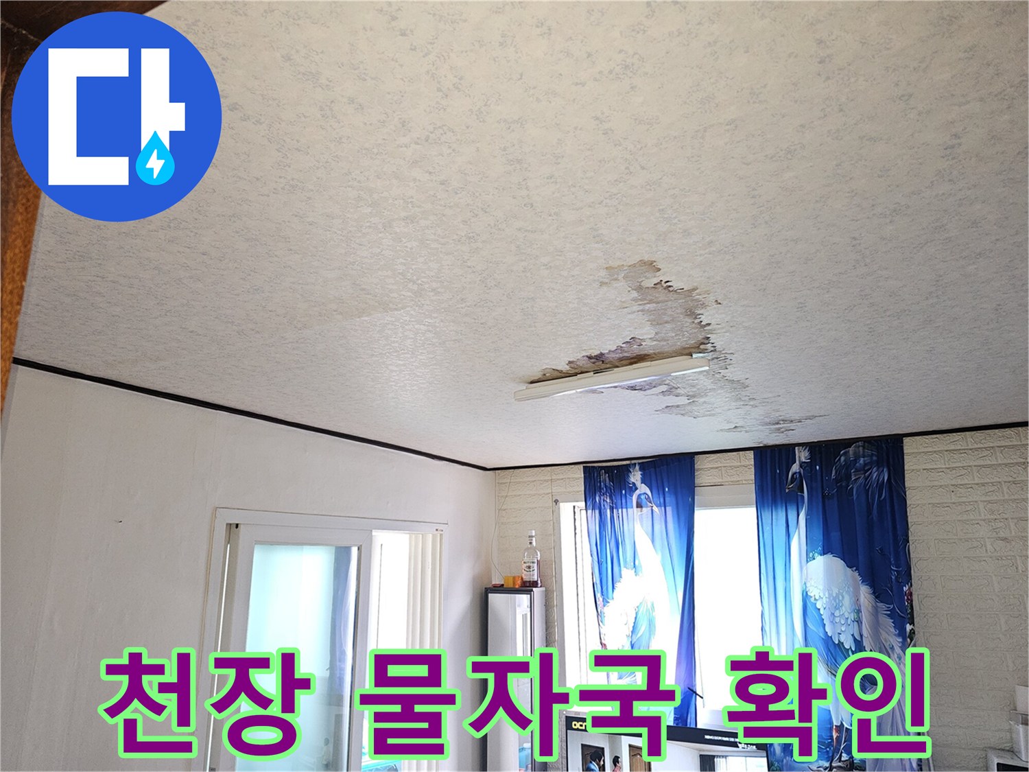 거실 천장 부근-누수로 인해 번진 얼룩과 습기 흔적