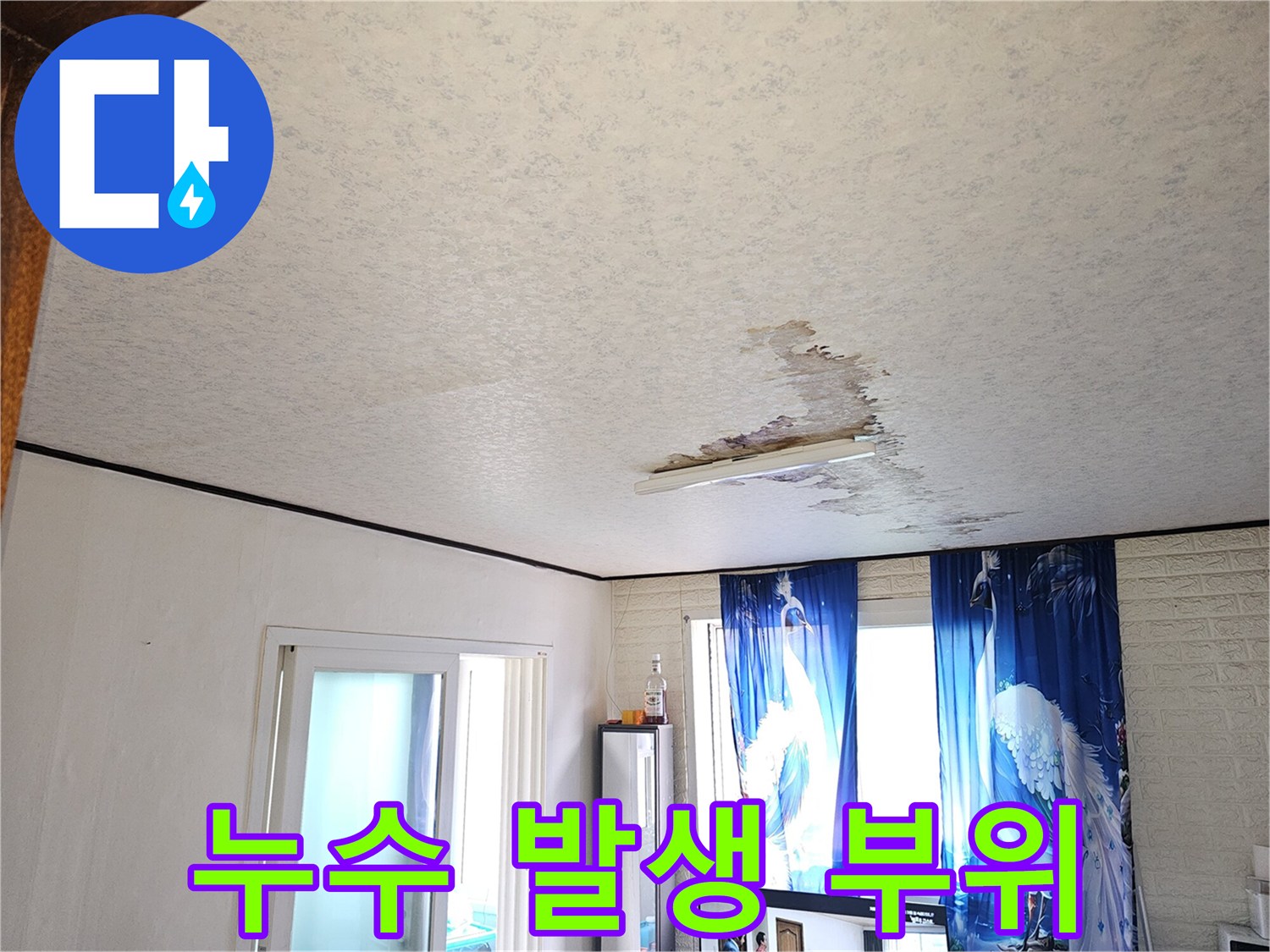 천장 마감재에 나타난 누수 흔적과 습기 침투 부위