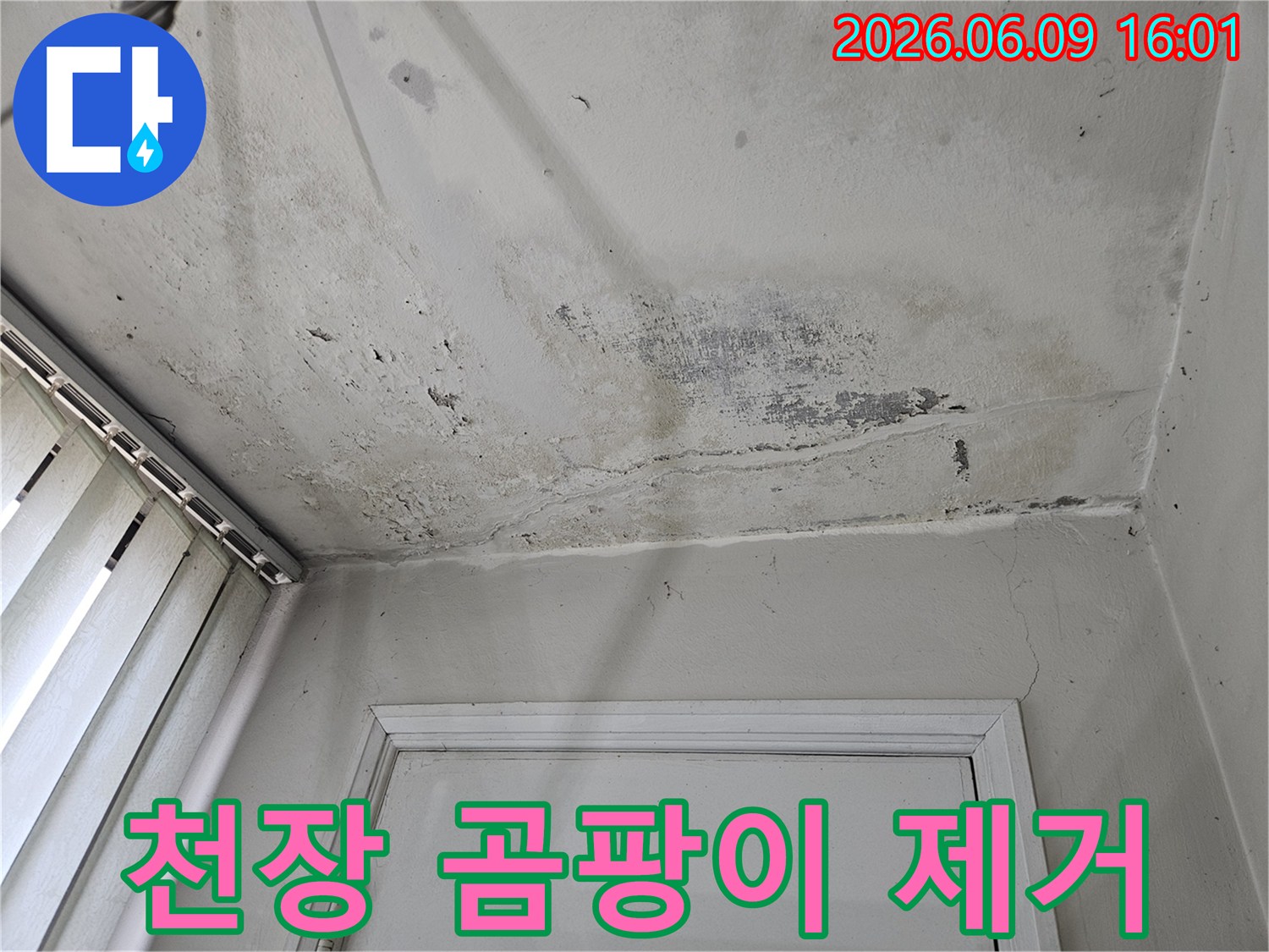 누수로-인해-천장-벽지에-피어난-곰팡이와-변색-현상을-보여주는-사진으로-제거-및-보수-전-상황