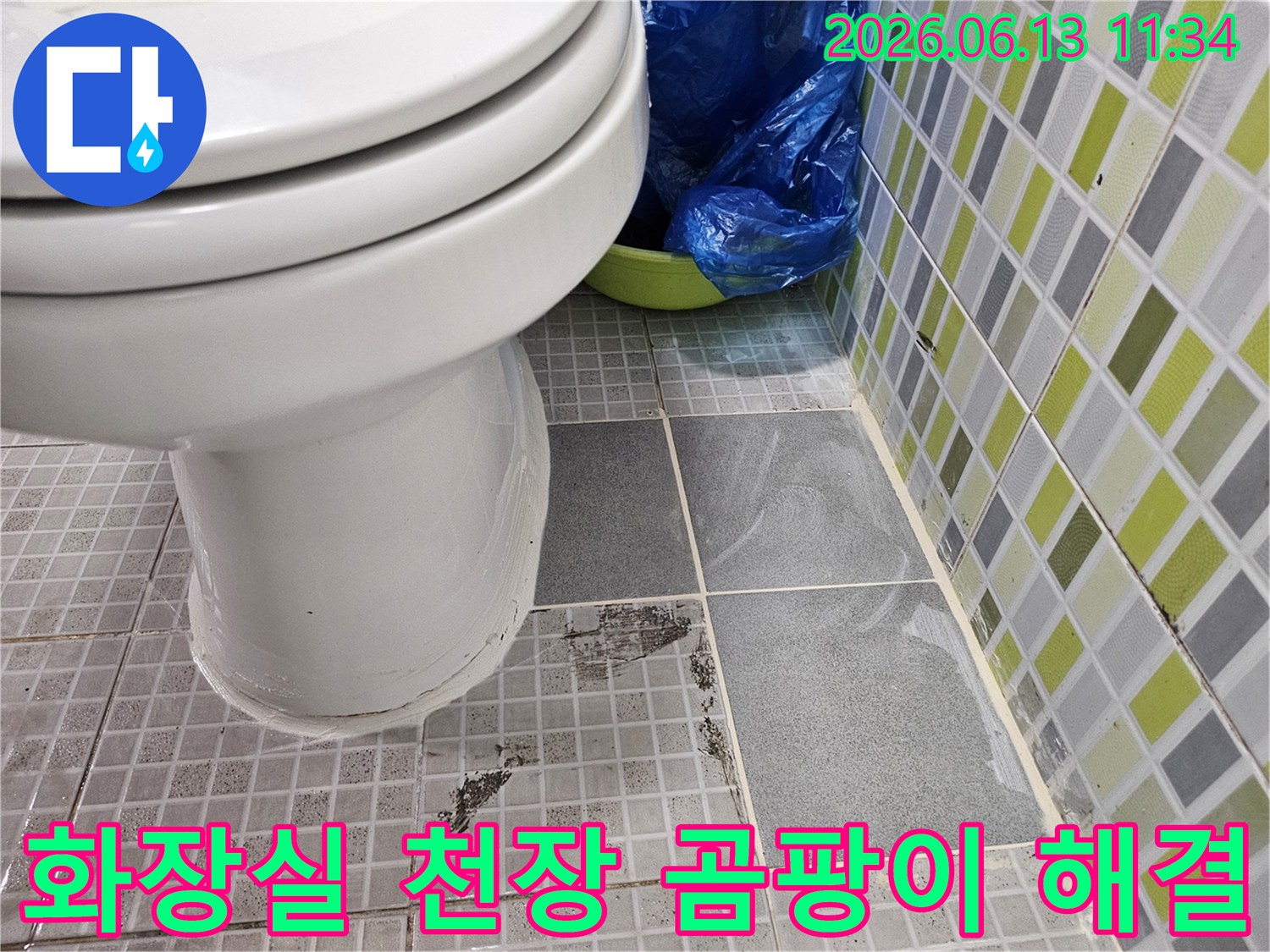 빌라 화장실 천장 타일에 물이 새어-곰팡이가 심하게 번진-누수 현장 사진