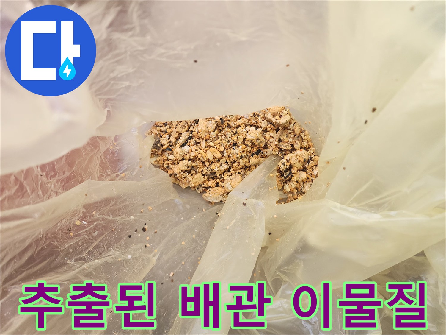 싱크대 하수구 작업 후 비닐에 담긴 기름 슬러지 조각들