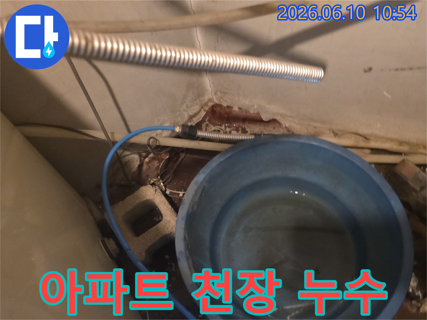 아파트 천장에서 물이 떨어져-파란 양동이에 고이는-누수 현장 사진