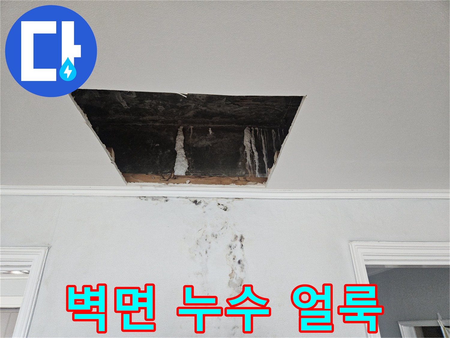 천장 점검구 하단 벽면에 나타난 심한 물샘 흔적과 오염