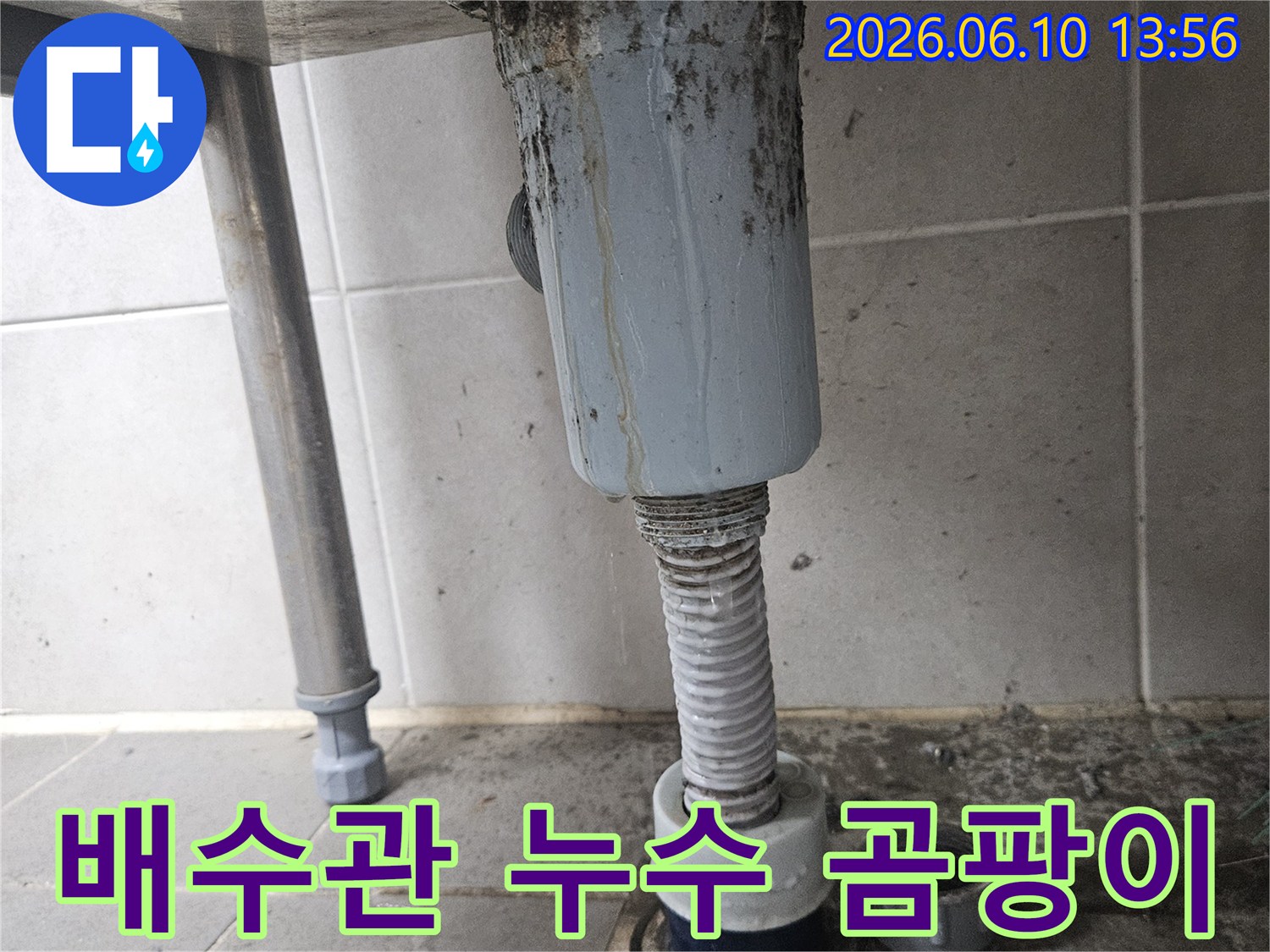 오래된 배수관에서 누수가 발생하여-주변에 곰팡이가 심각하게 번식한 모습으로-완벽한 제거와 보수가 시급합니다