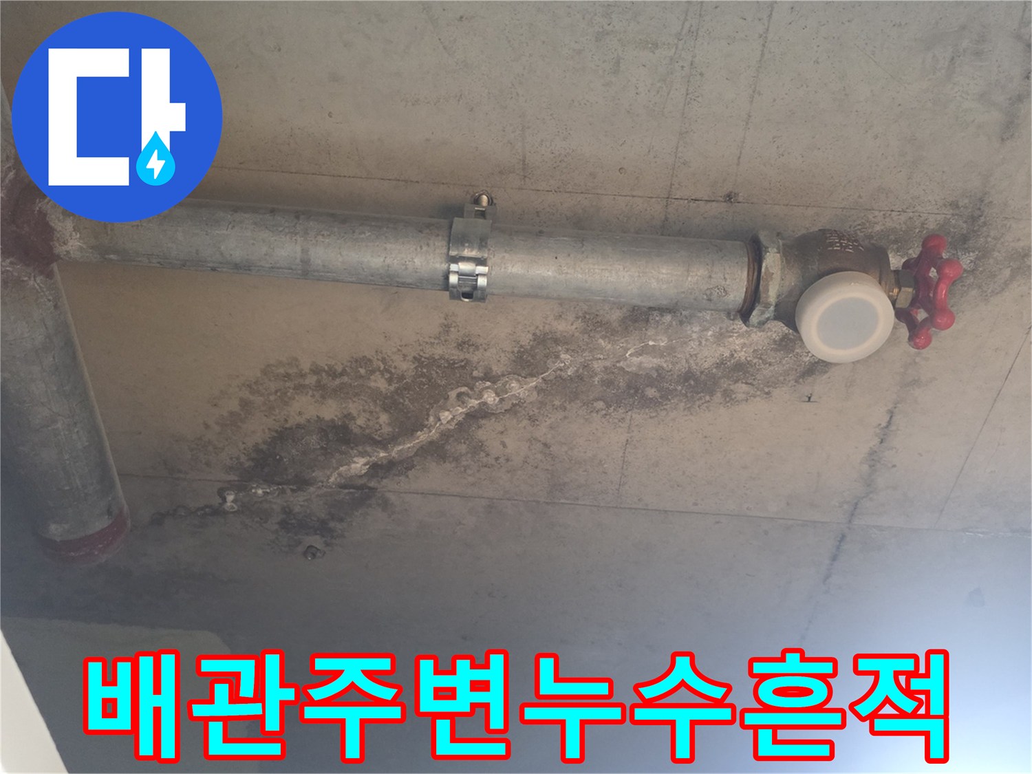 습기가 침투하여 어둡게 변한 천장 콘크리트 표면