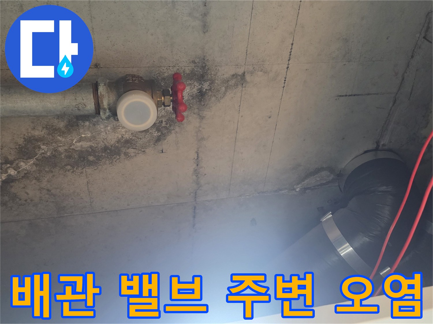 천장 배관 시설-누수로 인해 변색된 콘크리트와 젖은 흔적