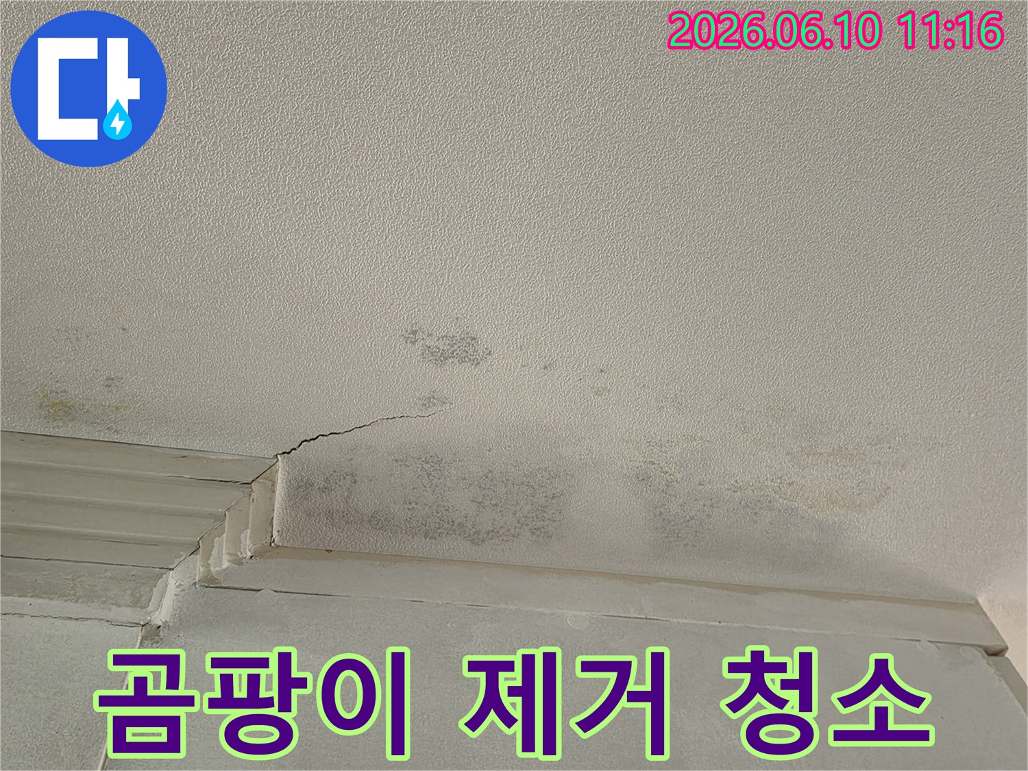 천장 모서리에 생긴-누수 흔적과-광범위하게 퍼진-검은 곰팡이를 보여주는 사진입니다.