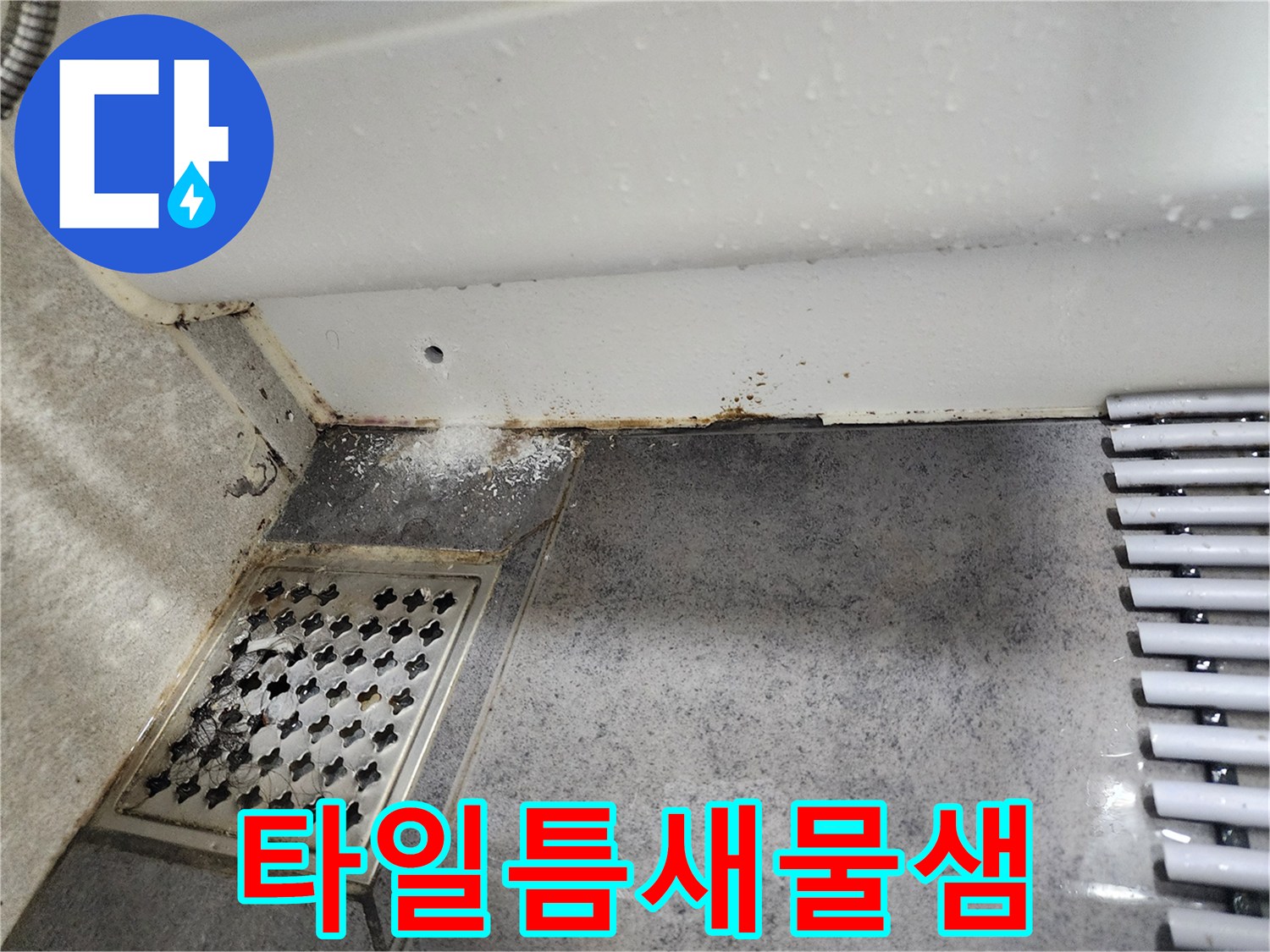 타일-틈새로-물이-새어-나와-벽면에-손상을-준-누수-현장을-촬영한-사진입니다.