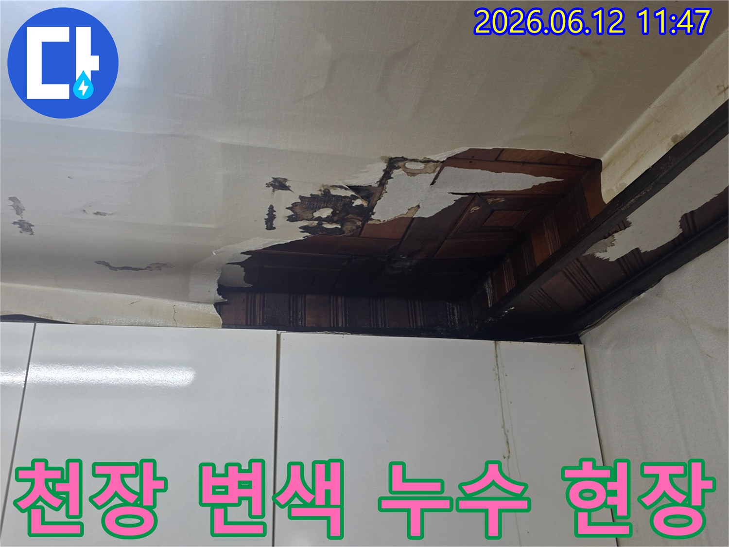 천장 벽지가 물에 젖어 변색되고-일부가 뜯겨져 나간 누수 피해 모습