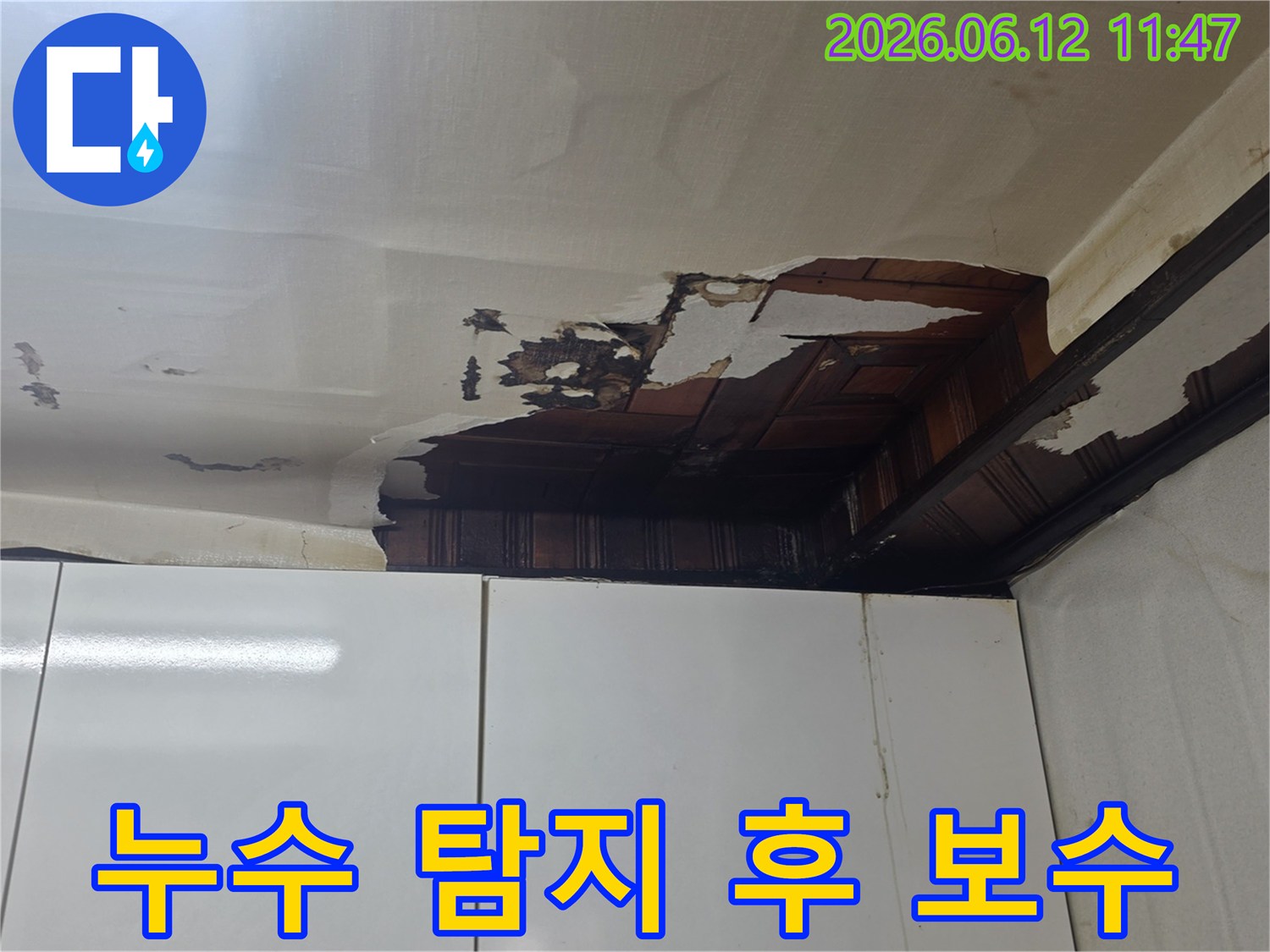 천장 벽지가 젖고 뜯겨져-누수 탐지 후 보수가 필요한 현장