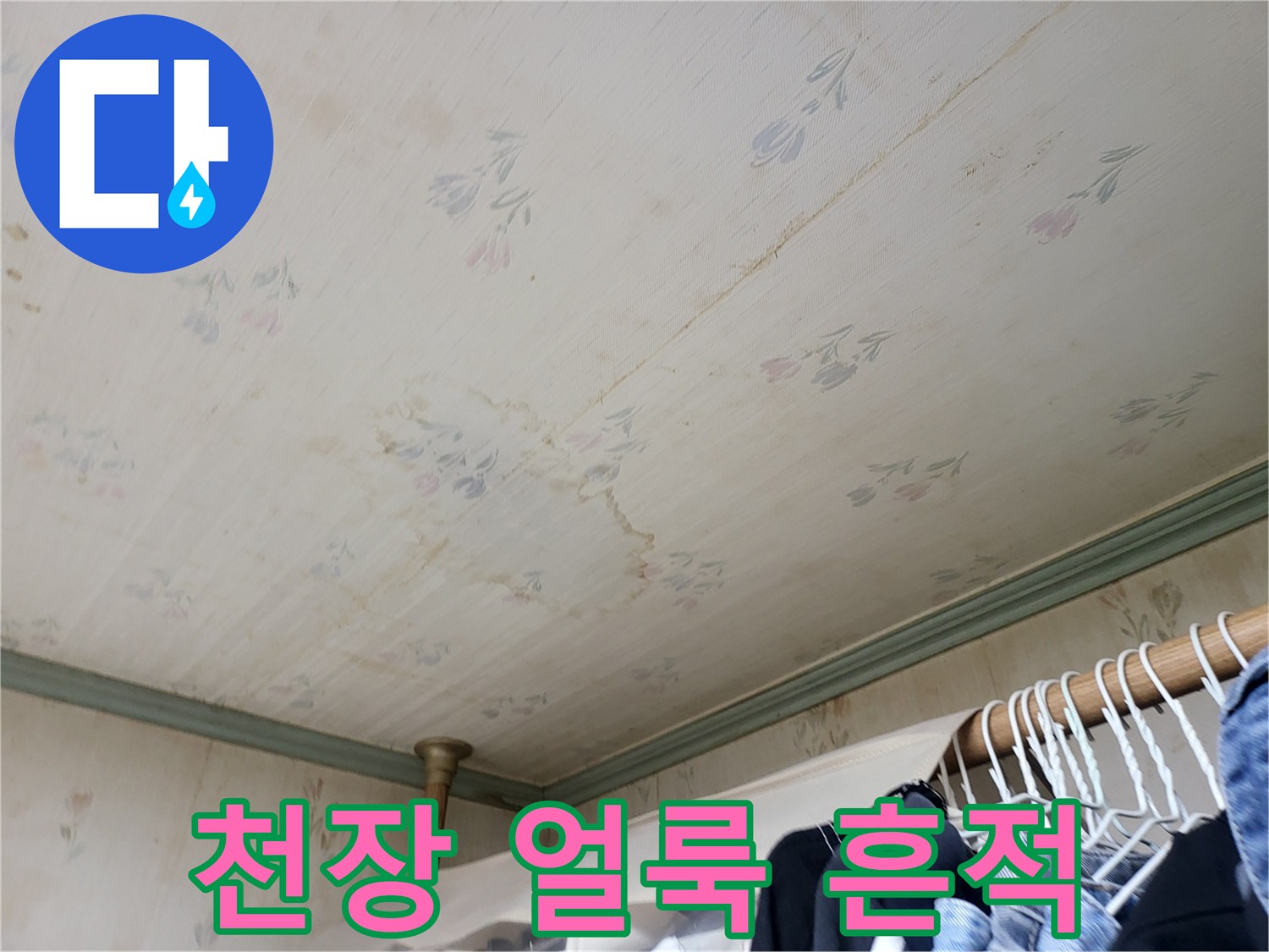천장 벽지 위에 번진 누수로 인한 어두운 얼룩 부위