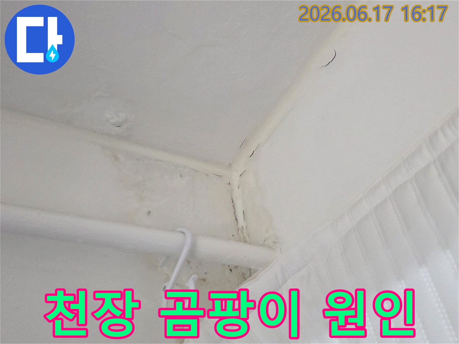 천장-모서리에-광범위하게-번진-곰팡이와-물자국을-보여주며-장기간-누수를-의심케-하는-사진입니다.