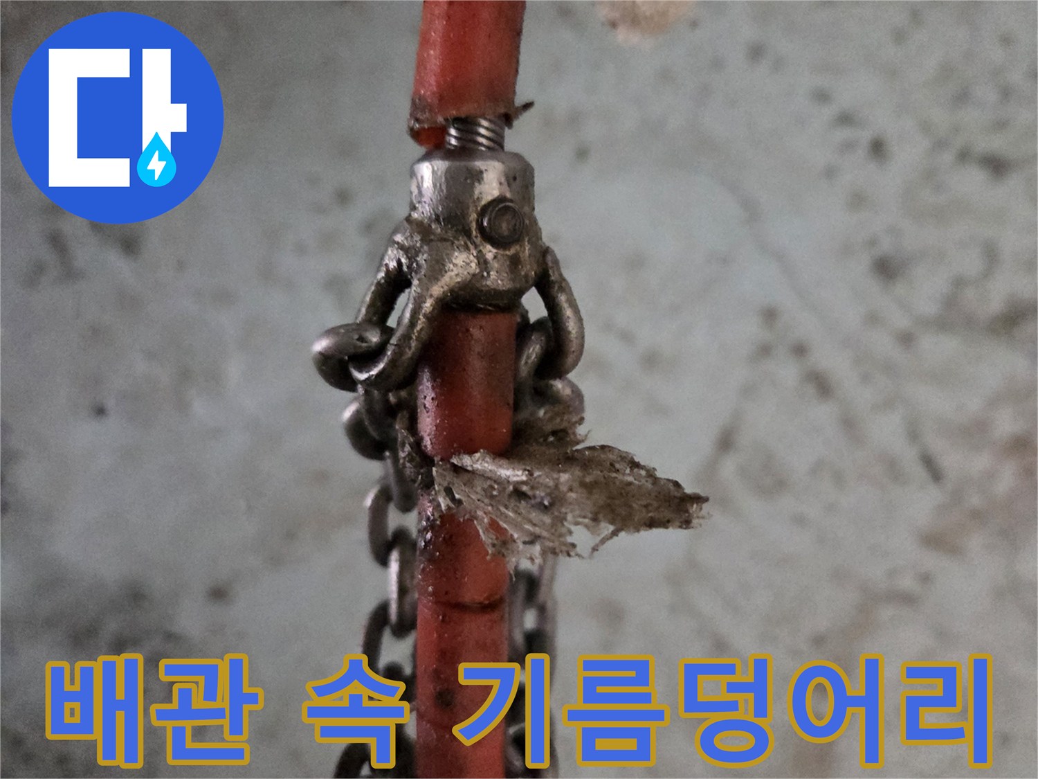 붉은색 고압 호스와 체인 노즐에 엉겨 붙은 커다란 유지방 슬러지