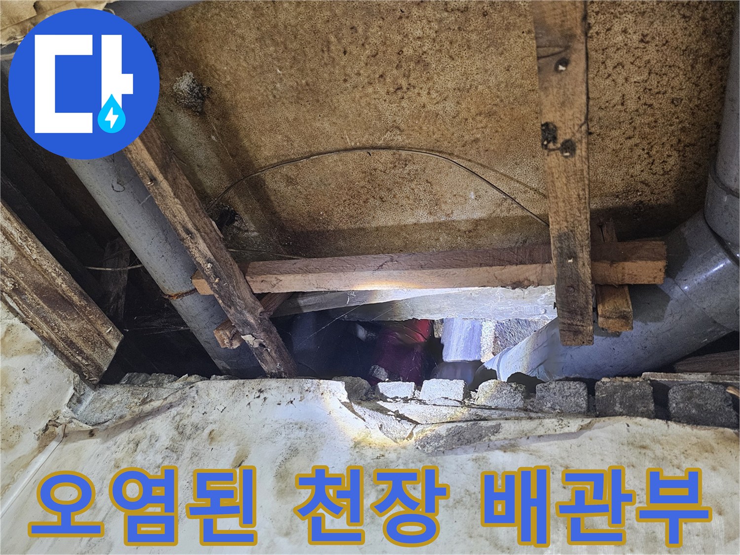 습기가 찬 천장 배관 주변-누수 의심 부위 점검 중