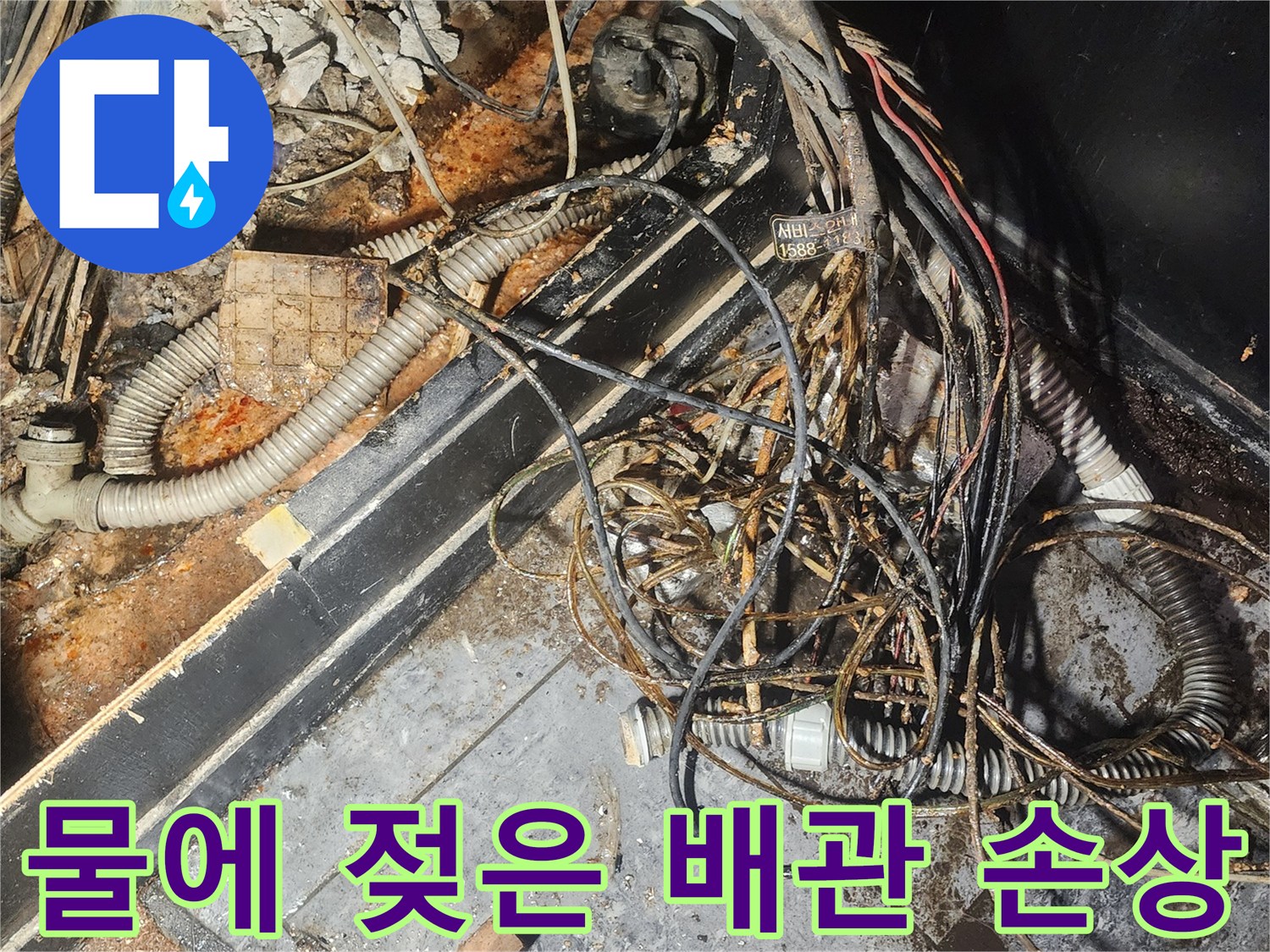 누수-엔지니어가-물에-젖어-부식된-배관과-전선이-복잡하게-얽혀있는-현장을-꼼꼼히-점검하고-있습니다