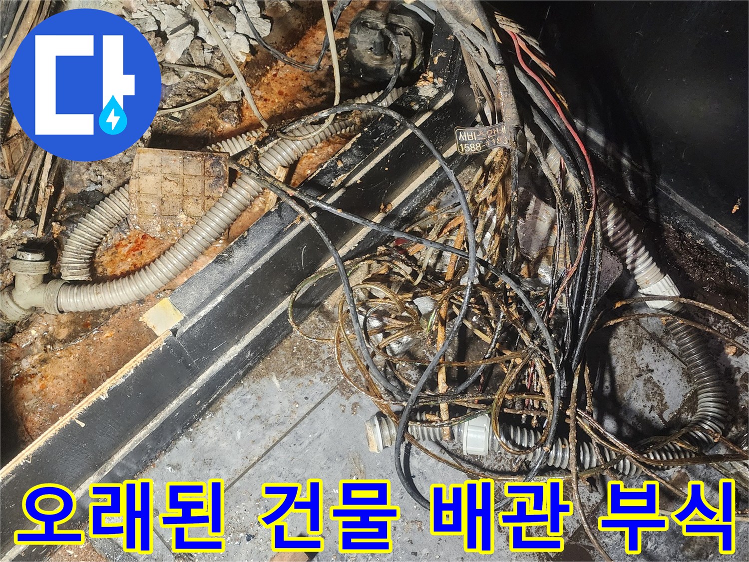 누수-엔지니어가-오래된-건물의-배관-부식-현장에서-물에-젖고-복잡하게-얽힌-배관과-전선들을-정밀하게-조사하고-있습니다