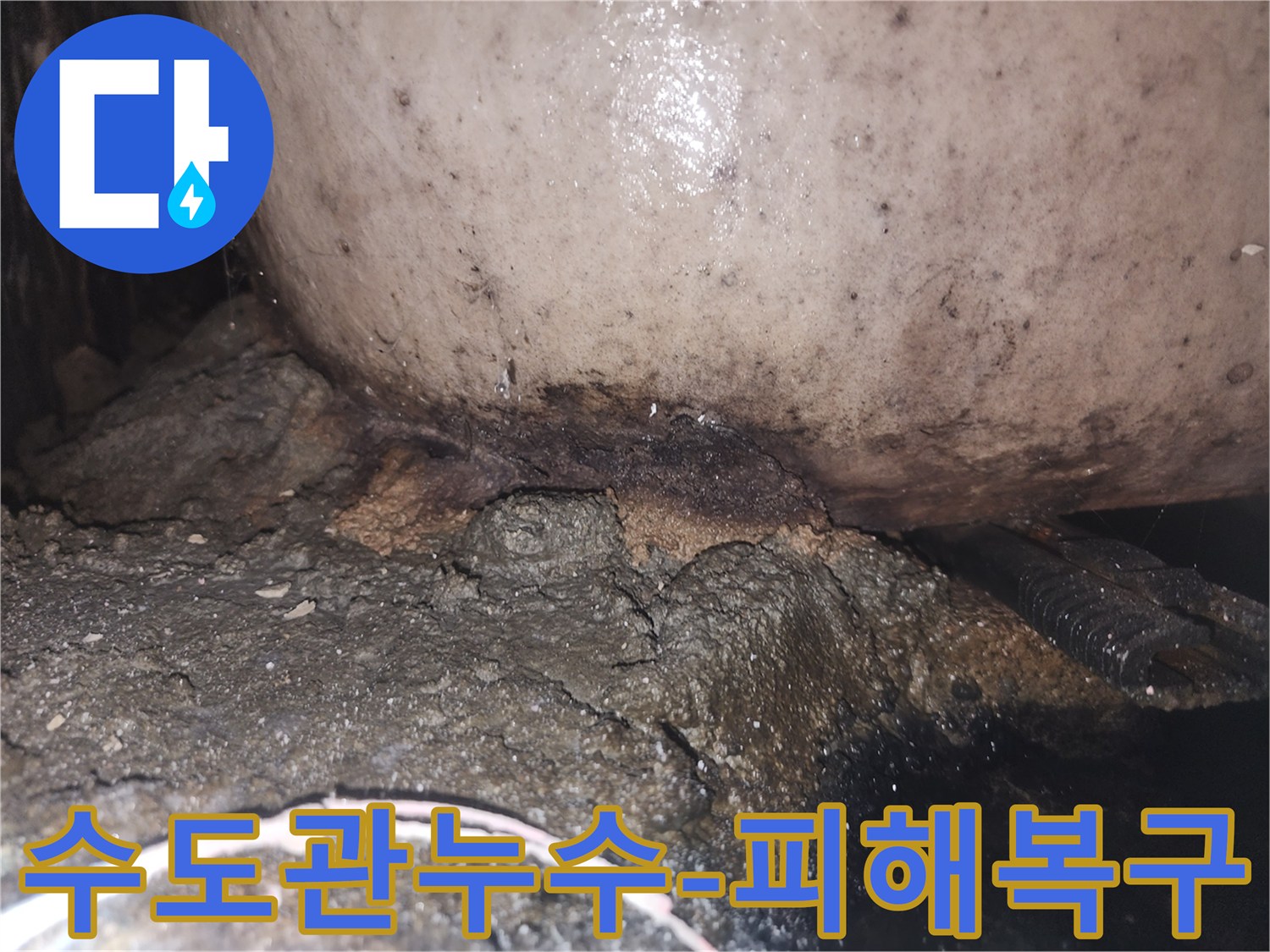 배관 주변의 콘크리트가 물에 젖어 부스러지고 곰팡이가 발생한 누수 현장