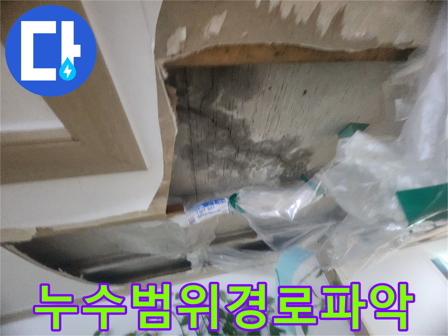 천장 마감재 제거 후-물이 스며든 범위와-흐름 경로를 파악하는-누수 진단 현장입니다