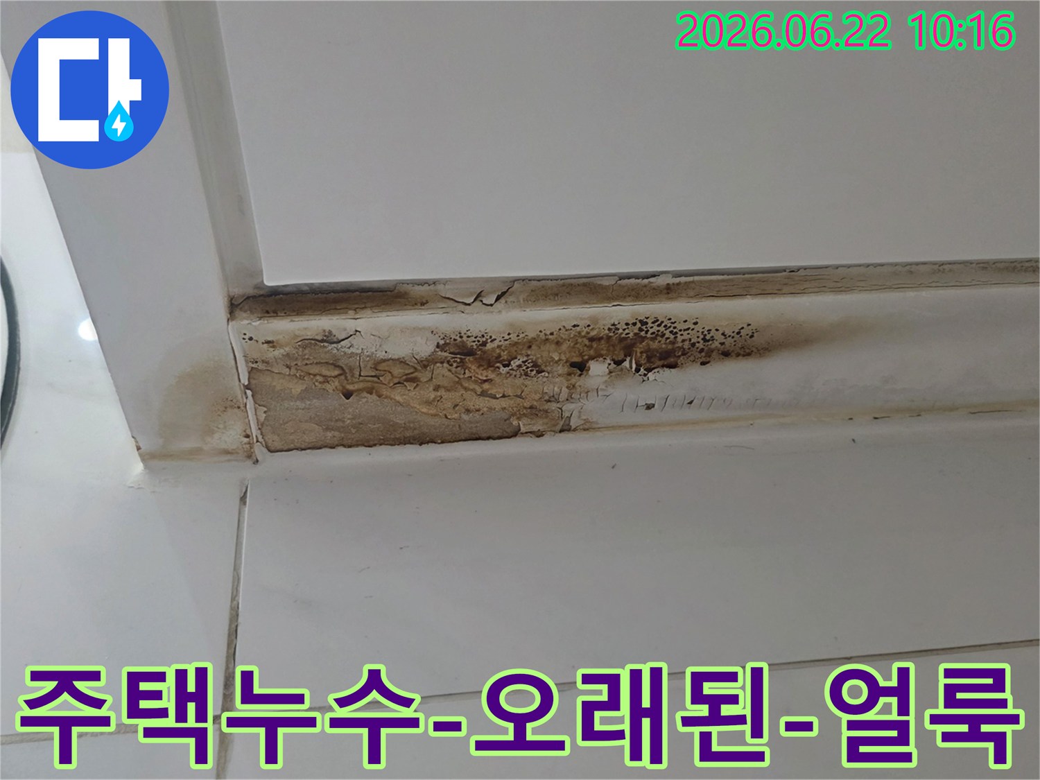 주택-천장-모서리에서-발견된-오래된-누수-흔적과-갈색-변색-그리고-곰팡이-성장-모습