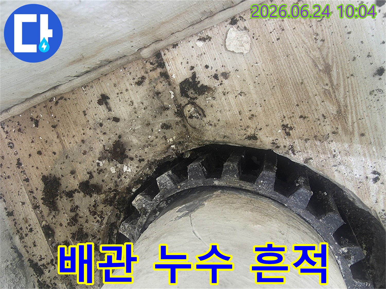 오래된 배관 주변에-물이 새어-검게 변색되고-곰팡이가 생긴-누수 현장의-클로즈업 사진입니다