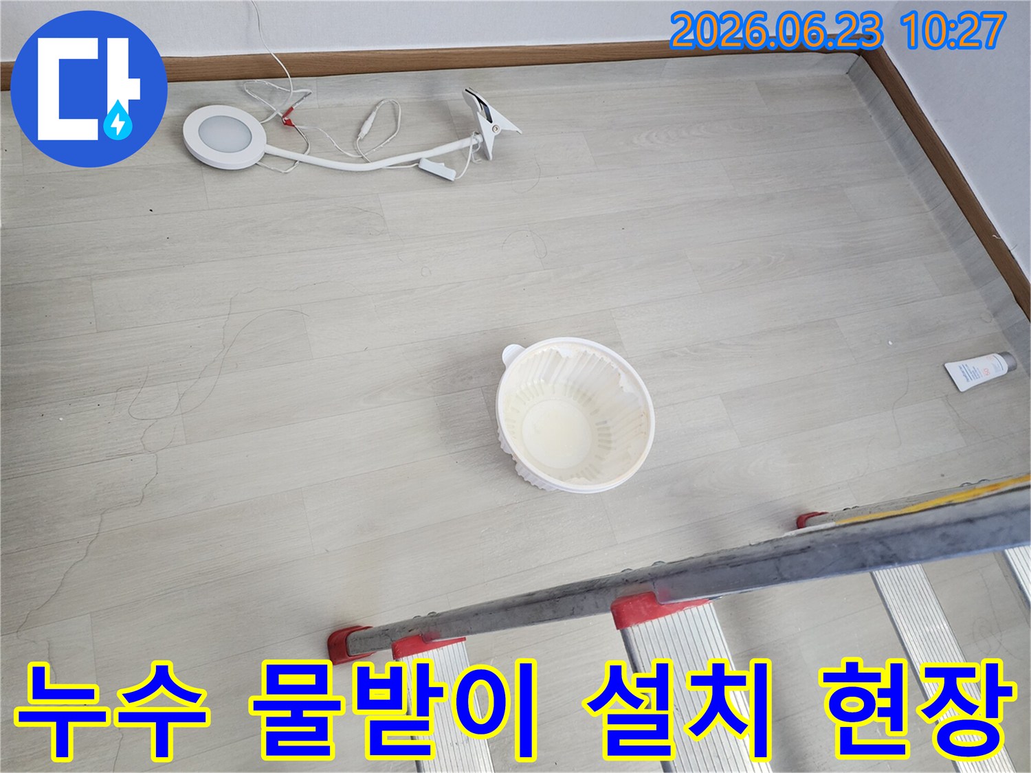 누수 발생 지점에 물이 떨어지는 것을 임시로 받기 위해 설치된 그릇과-누수 탐지 및 보수를 위한 사다리-조명 장비가 바닥에 놓여 있는 모습입니다