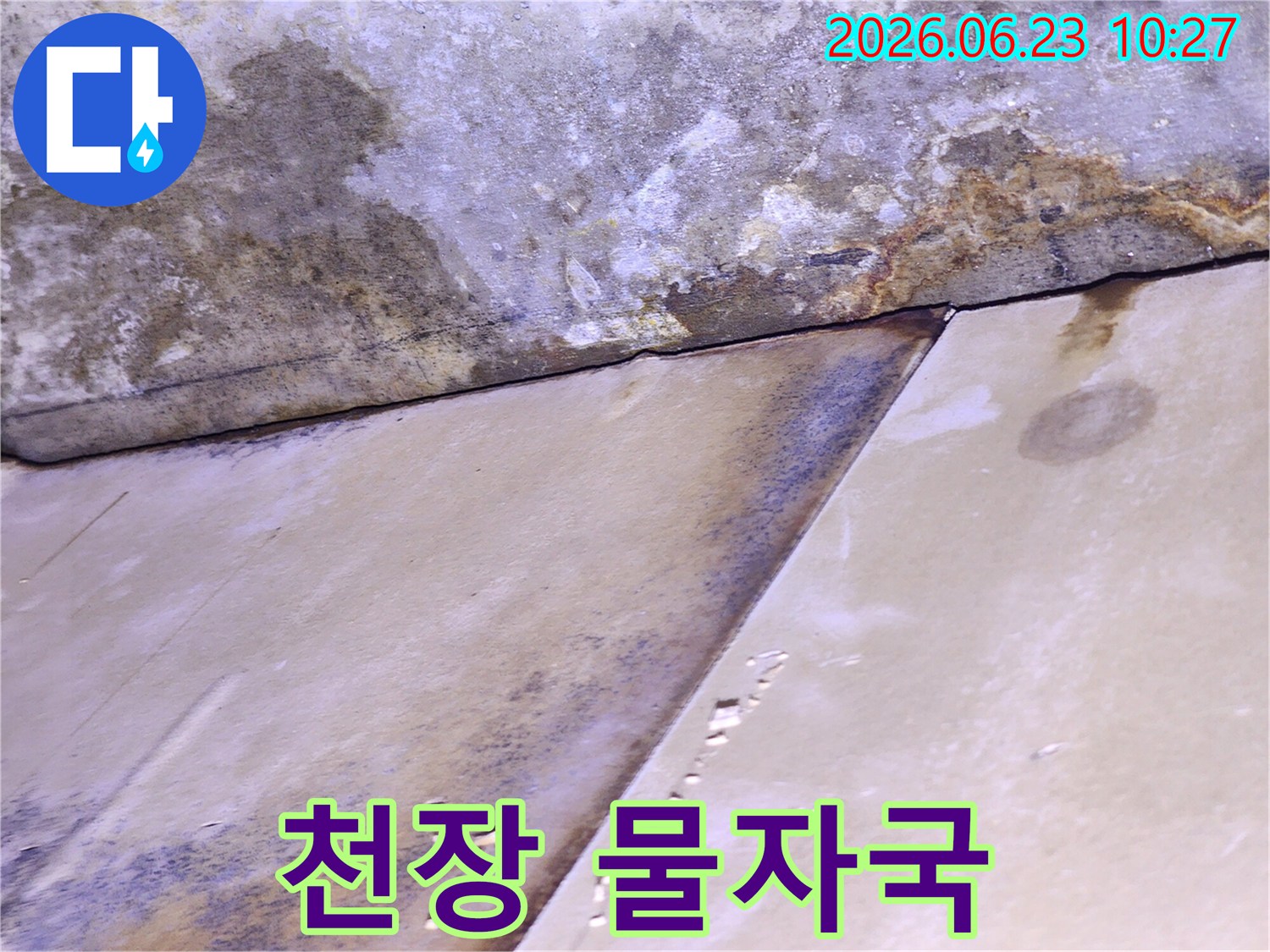천장 표면에 물이 스며들어 얼룩지고 변색된-누수 초기 또는 진행 중인 모습