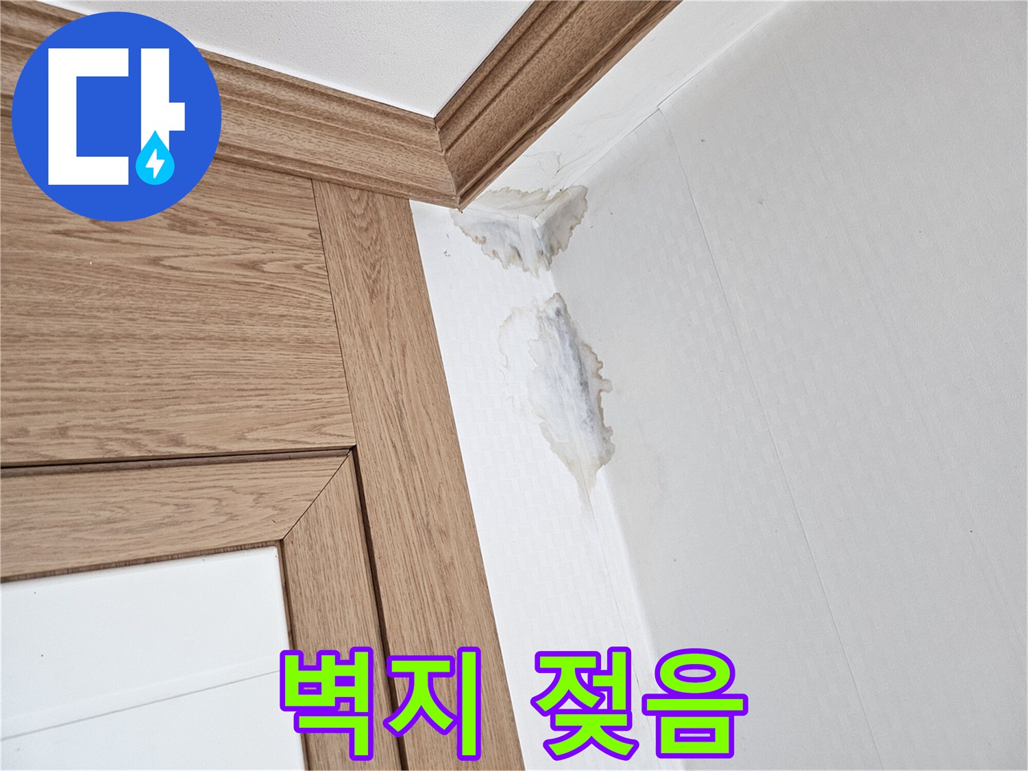 이 이미지는-벽과 천장 모서리에-누수로 인한-젖은 자국과-곰팡이가 생긴-모습을 보여줍니다.