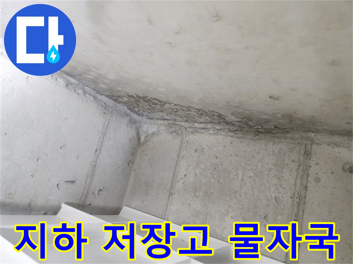 아파트 지하 저장고의-콘크리트 벽면에-누수로 인한-물자국이-선명하게 보입니다.