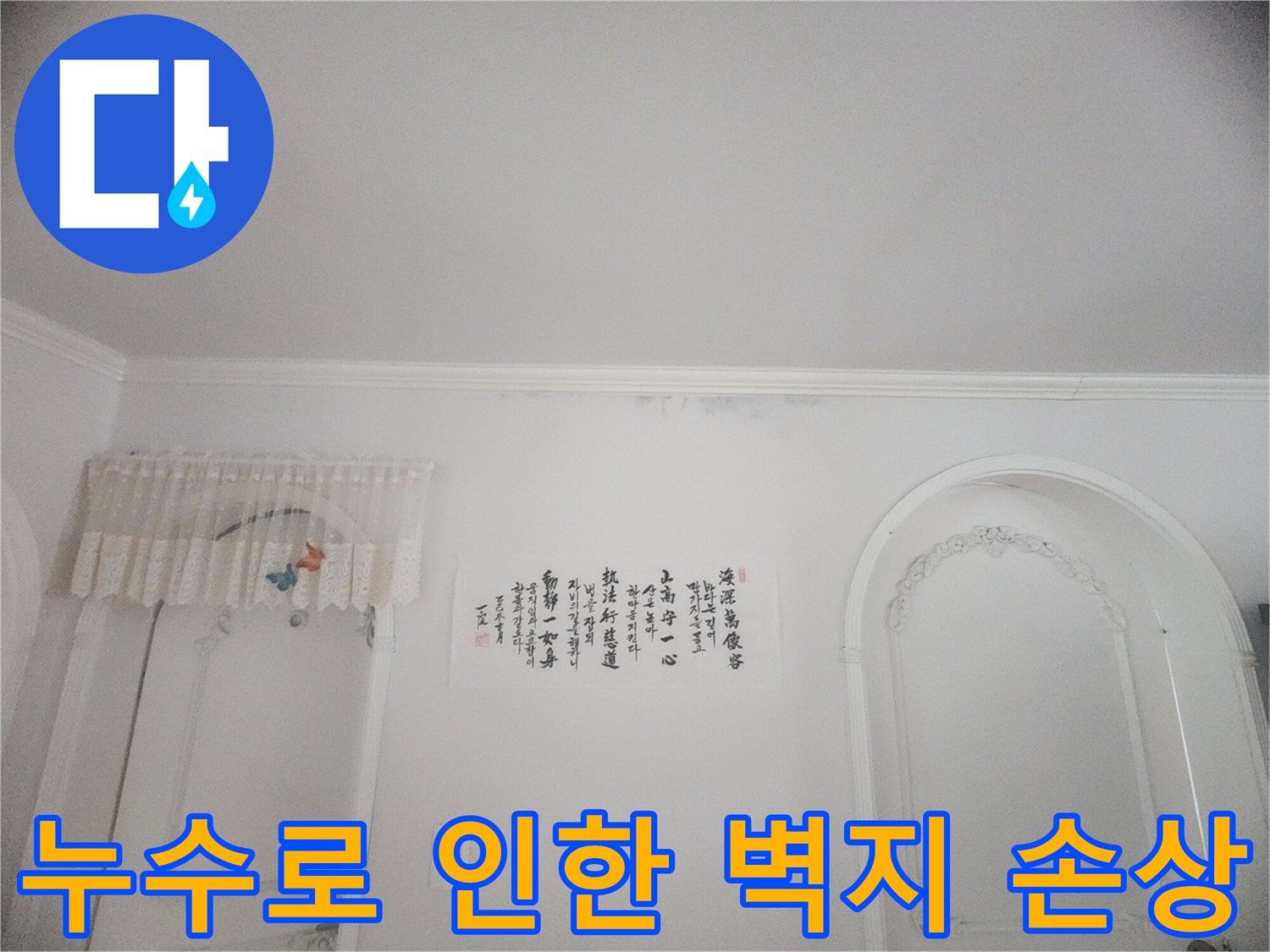 화장실 입구 벽면에 생긴 물얼룩과 곰팡이-정확한 누수 원인 파악이 시급한 현장