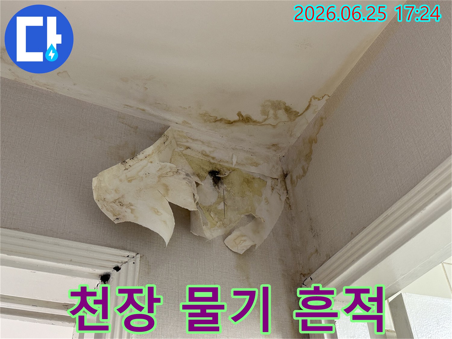 아파트 내부-천장 모서리에서-발견된 누수 흔적으로-벽지가 벗겨지고-얼룩이 진 상태를-담고 있습니다