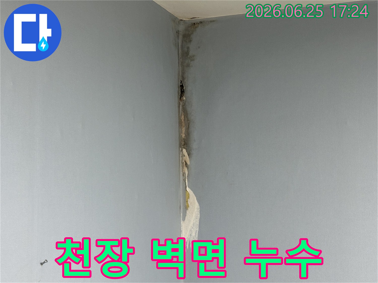 아파트-천장과-벽면-코너에서-발생한-누수로-인해-벽지가-젖고-심한-곰팡이가-피어난-손상-현장을-보여주는-사진입니다